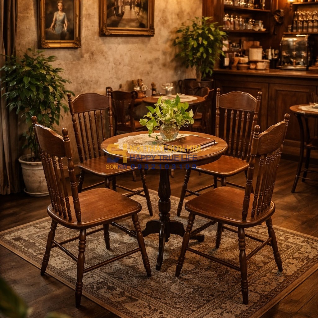Bộ Ghế Café Amish Và Bàn Trụ Gỗ Cao Su Mới BGC256