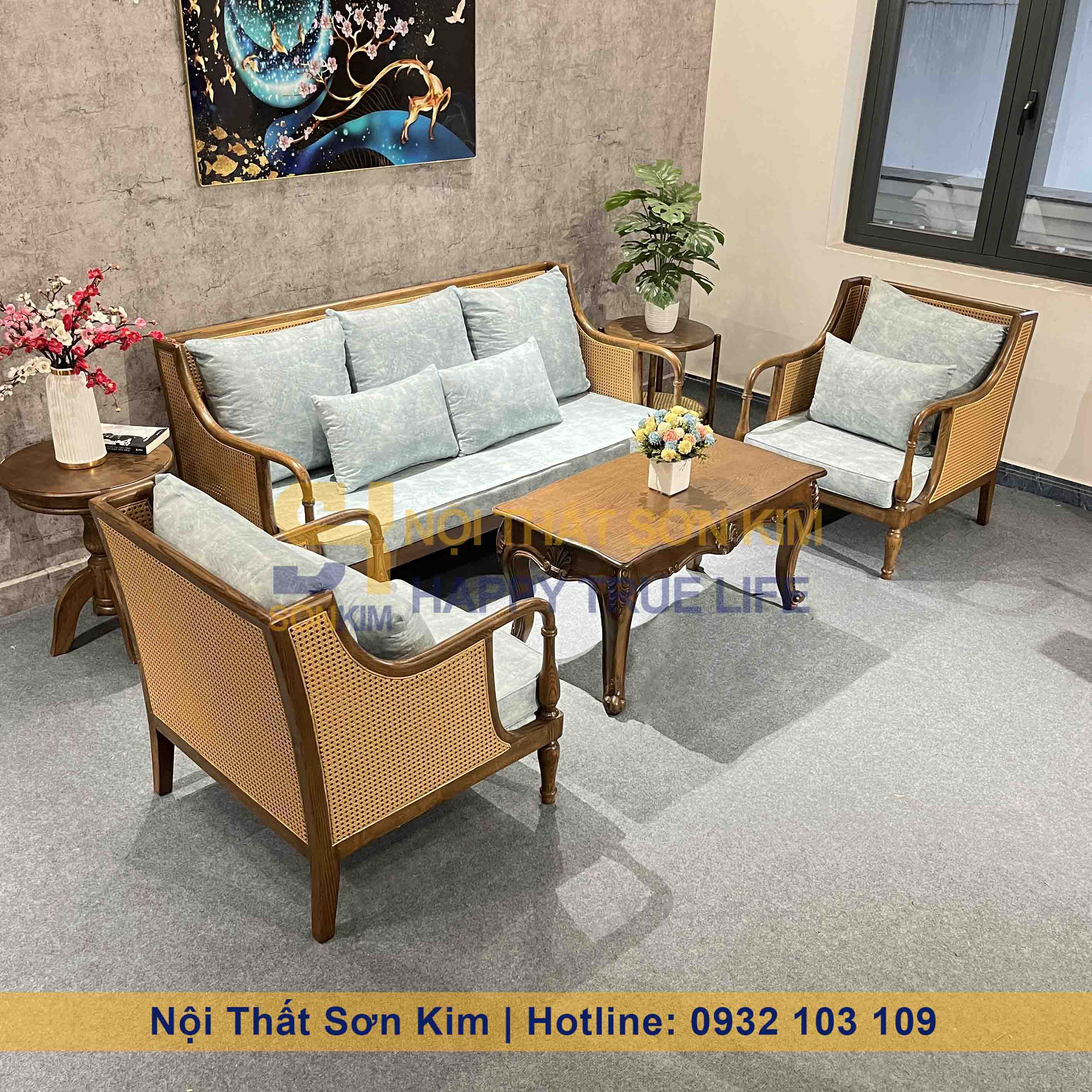 Bộ Sofa Club và Bàn Sofa Louis Gỗ Nâu BGC283