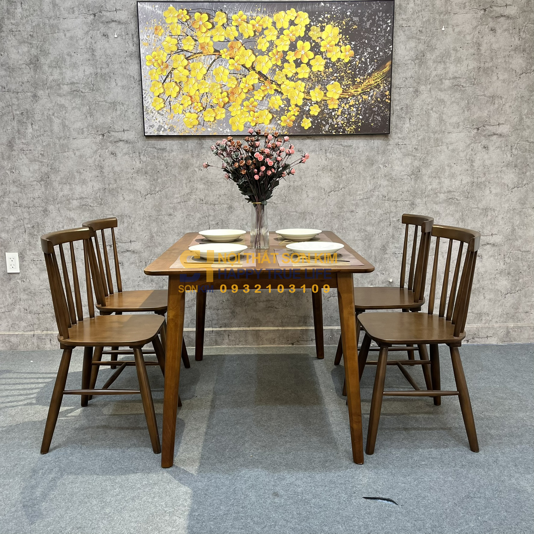 Bàn Ashley - Ghế 7 Nan Gỗ Cao Su Màu Nâu BGA106