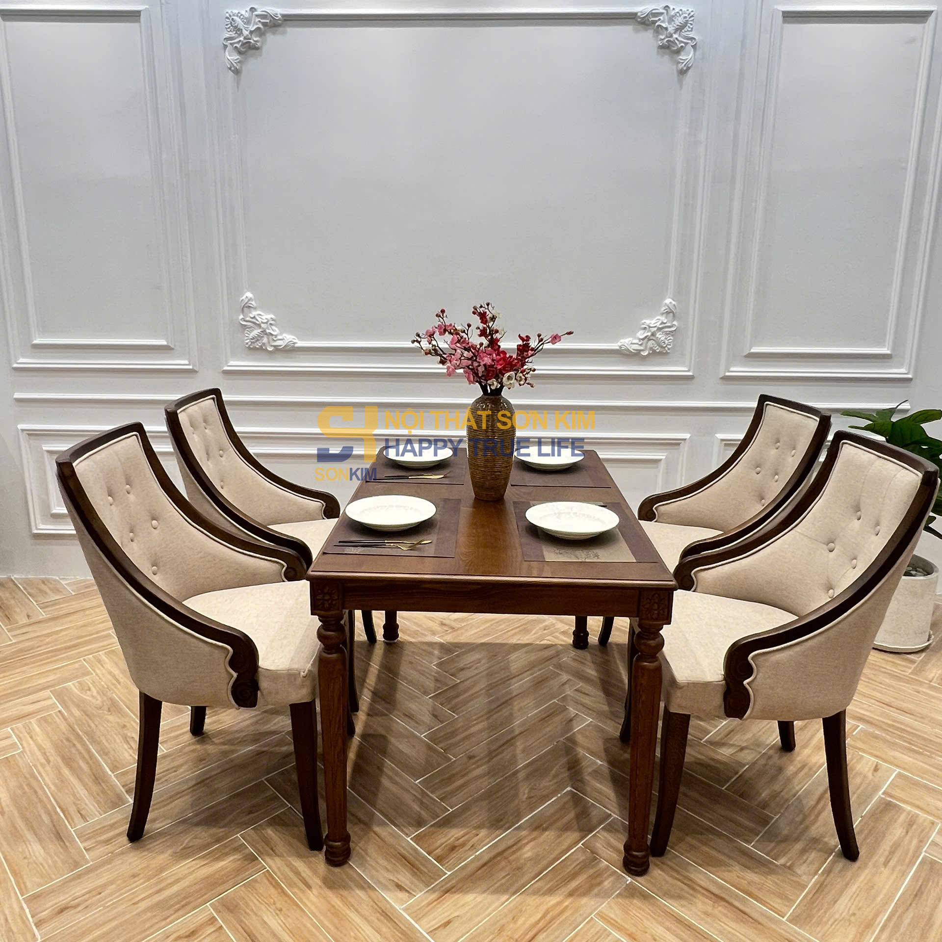 Bộ bàn ăn Louis Tần Bì & Ghế Amber Gỗ Màu Nâu BGA127