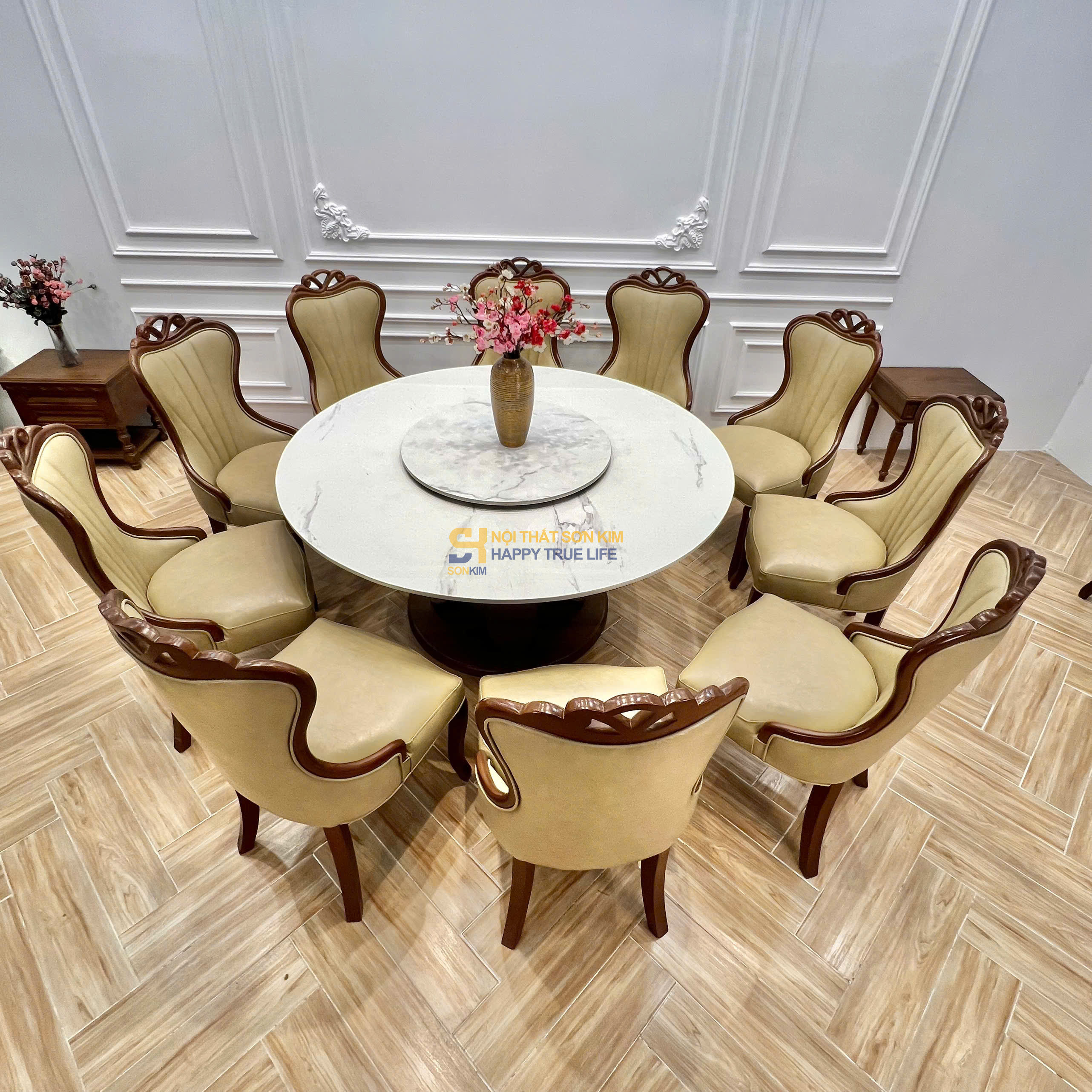 Bộ Bàn Ăn Tròn Lotus mặt đá & Ghế ăn Nova Phòng Vip BGA139