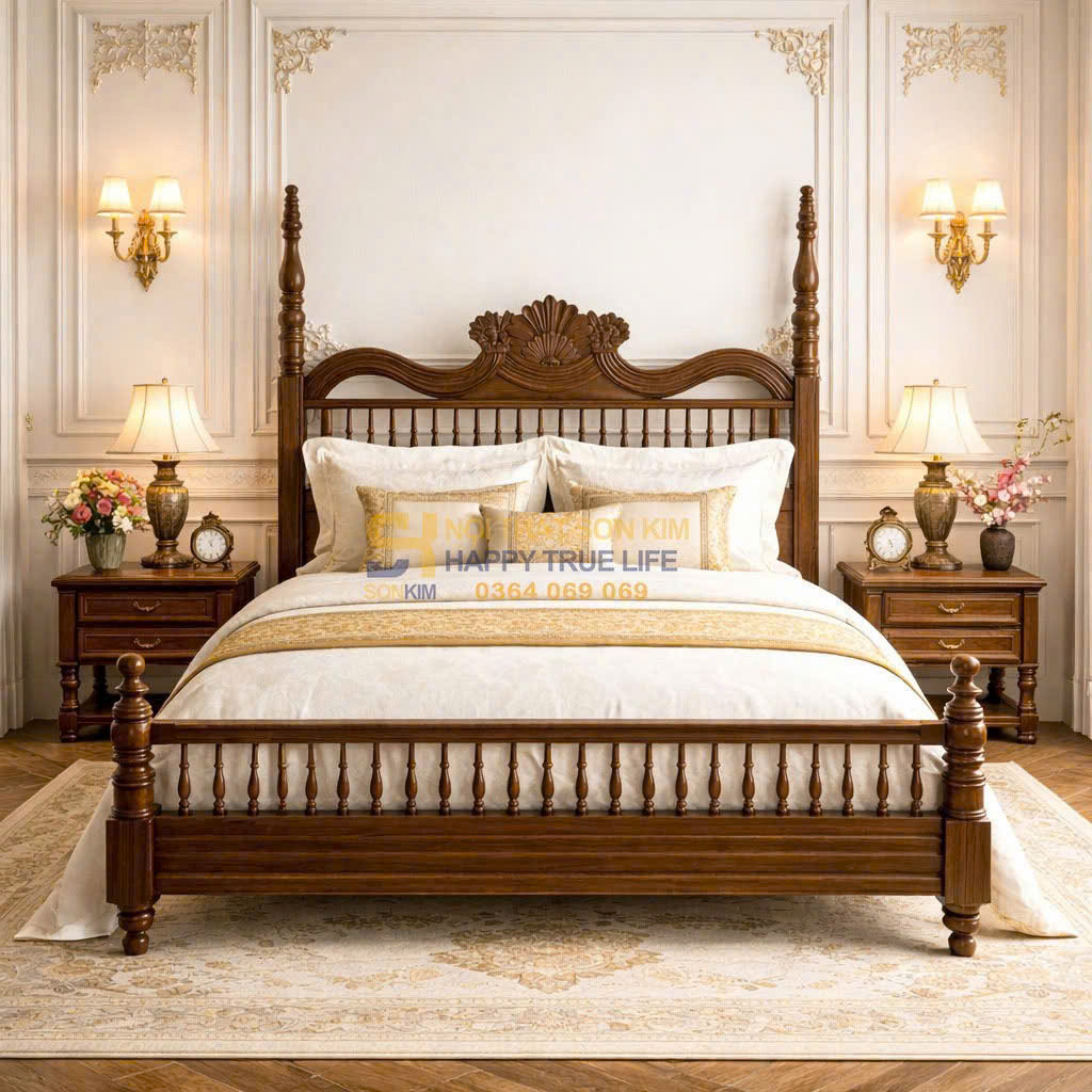 Giường Ngủ gỗ Sồi Nga phong cách Indochine GN1